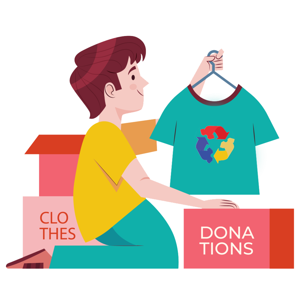 donating clothes with icons representing community support